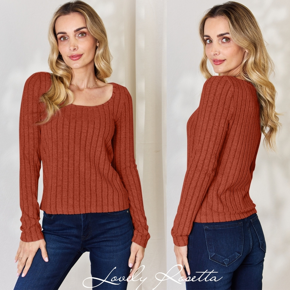 Rust Ribbed Long Sleeve Top
